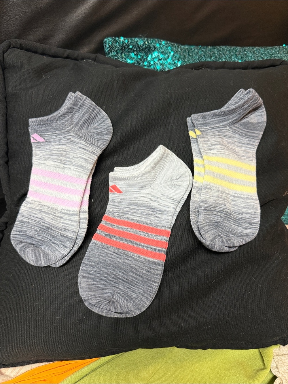adidas Low-Cut Grey Ankle Socks with Pink, Red, and Yellow Stripes - 3 Pack